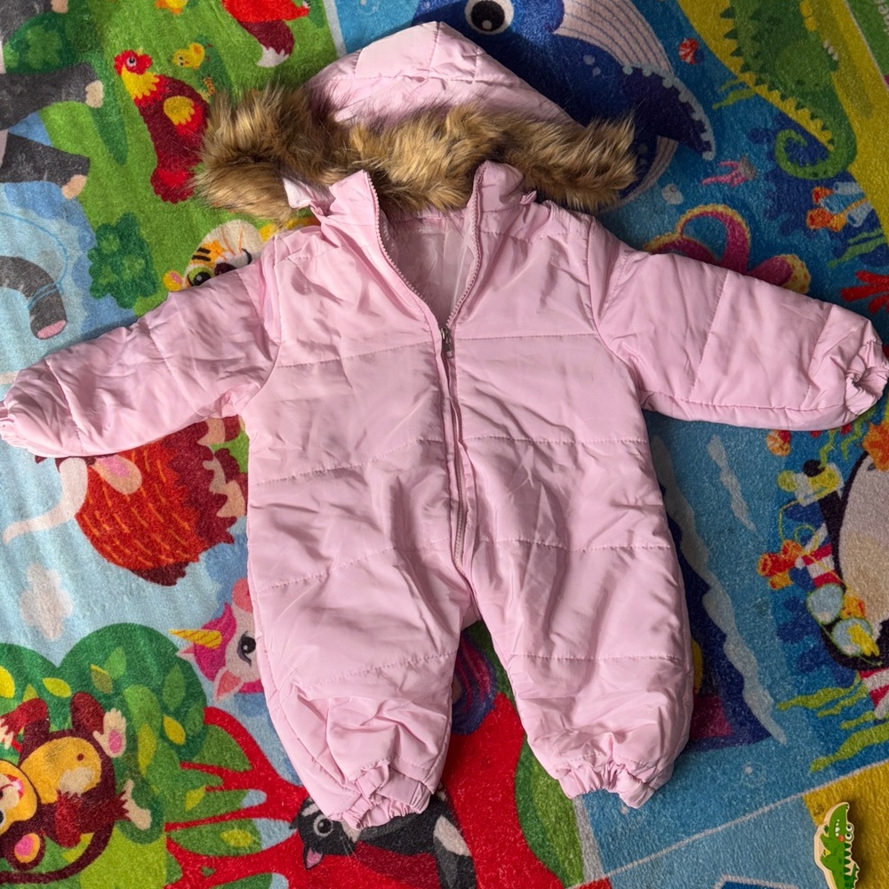 Pink Kids Winter Snow Suit with Removable Faux Fur Hood